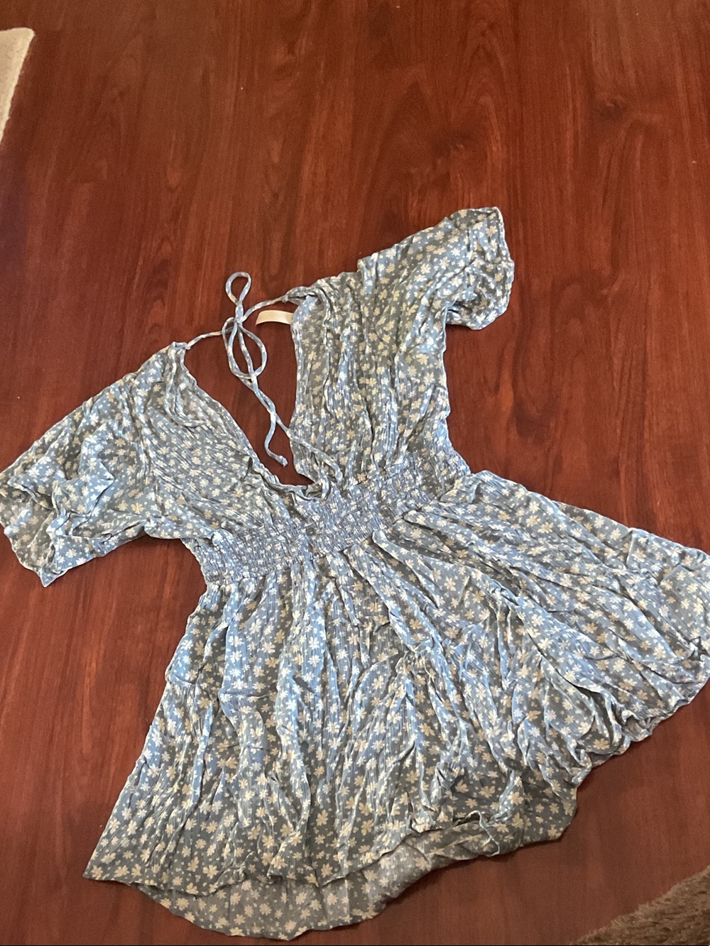 Blue Floral V-Neck Smocked Waist Women's romper